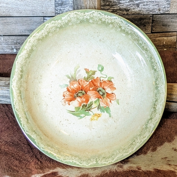 Antique Porcelain Bowl With Orange Poppies & Green Border - Picture 6 of 15